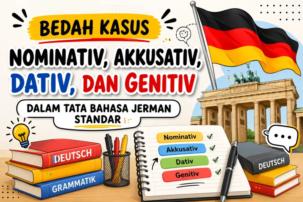 Ilustrasi empat kasus Bahasa Jerman Nominativ, Akkusativ, Dativ, dan Genitiv dalam tata bahasa Jerman standar
