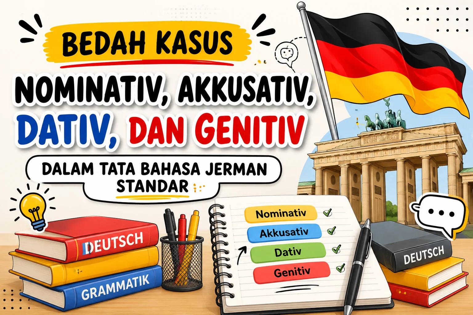 Ilustrasi empat kasus Bahasa Jerman Nominativ, Akkusativ, Dativ, dan Genitiv dalam tata bahasa Jerman standar