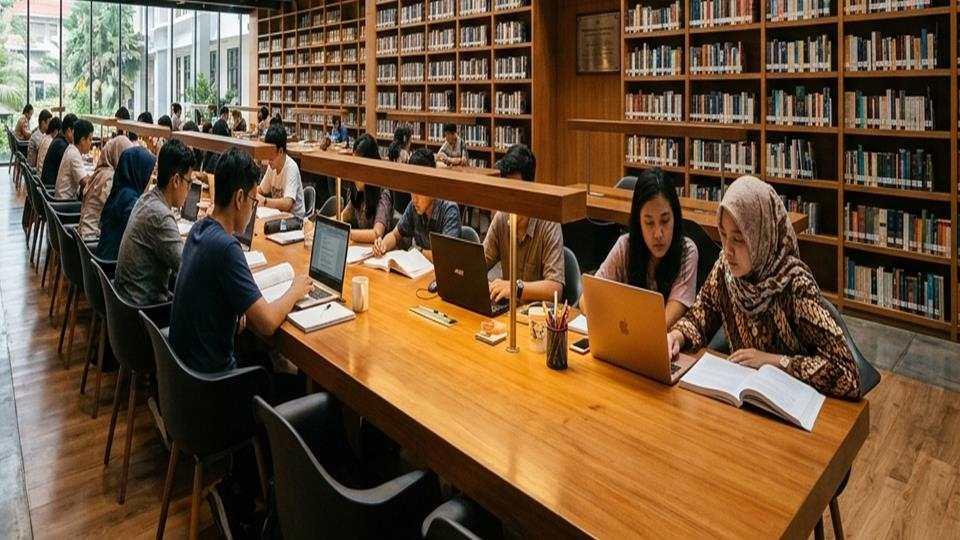 Mahasiswa mengakses sumber jurnal ilmiah online terpercaya untuk referensi karya tulis dan skripsi