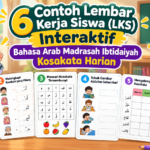 # 6 Contoh Lembar Kerja Siswa (LKS) Interaktif Bahasa Arab Madrasah Ibtidaiyah Kosakata Harian Pembelajaran Bahasa Arab di Madrasah Ibtidaiyah (MI) tidak hanya berfokus pada kemampuan membaca dan menulis huruf Arab. Siswa juga perlu mengenal berbagai kosakata atau *mufradat* yang dekat dengan kehidupan sehari-hari. Mulai dari benda di kelas, anggota keluarga, warna, buah-buahan, hingga aktivitas harian dapat dijadikan materi untuk memperkaya kosakata Bahasa Arab siswa. Agar proses belajar tidak hanya mengandalkan hafalan, guru dapat menggunakan **Lembar Kerja Siswa (LKS) Bahasa Arab interaktif**. LKS dapat dikemas dalam bentuk mencocokkan gambar, melengkapi kata, mencari kosakata, mengelompokkan kata, hingga kuis sederhana. Berikut enam contoh LKS interaktif Bahasa Arab untuk siswa Madrasah Ibtidaiyah yang dapat dijadikan referensi. ## Apa Itu LKS Interaktif Bahasa Arab? LKS interaktif Bahasa Arab adalah lembar aktivitas yang dirancang agar siswa terlibat langsung dalam proses pembelajaran. Siswa tidak hanya membaca daftar kosakata, tetapi juga mengerjakan aktivitas seperti memilih jawaban, menghubungkan gambar, mengisi bagian kosong, atau mengelompokkan kosakata. Materi dalam LKS sebaiknya disesuaikan dengan usia dan kemampuan siswa. Untuk tingkat Madrasah Ibtidaiyah, kosakata yang digunakan dapat berasal dari lingkungan yang sering ditemui siswa, seperti sekolah, rumah, keluarga, makanan, warna, dan kegiatan sehari-hari. Penggunaan LKS yang lebih variatif juga dapat membantu guru menciptakan pembelajaran Bahasa Arab yang tidak monoton. ## 1. LKS Mencocokkan Gambar dengan Kosakata Bahasa Arab Contoh pertama adalah LKS mencocokkan gambar dengan kosakata. Model latihan ini cukup sederhana sehingga cocok digunakan untuk mengenalkan mufradat baru kepada siswa. Guru dapat menyediakan beberapa gambar benda yang sering ditemukan di dalam kelas, kemudian memberikan daftar kosakata Bahasa Arab secara acak. **Contoh kosakata:** - كِتَابٌ (*kitaabun*) = buku - قَلَمٌ (*qalamun*) = pena - كُرْسِيٌّ (*kursiyyun*) = kursi - مَكْتَبٌ (*maktabun*) = meja - سَبُّوْرَةٌ (*sabbuuratun*) = papan tulis - حَقِيْبَةٌ (*haqiibatun*) = tas **Contoh instruksi LKS:** > Perhatikan gambar yang tersedia. Tarik garis antara gambar dan kosakata Bahasa Arab yang sesuai. Guru dapat menambahkan ilustrasi berwarna agar siswa lebih mudah mengenali objek. Setelah latihan selesai, siswa juga dapat diminta mengucapkan setiap kosakata bersama-sama. ### Tujuan Pembelajaran Melalui aktivitas ini, siswa diharapkan mampu mengenali hubungan antara benda yang mereka lihat dengan kosakata Bahasa Arab yang sesuai. ## 2. LKS Melengkapi Kosakata Bahasa Arab yang Hilang Latihan berikutnya dapat dibuat sedikit lebih menantang dengan menghilangkan satu atau beberapa huruf dari sebuah kosakata. Tema yang dapat digunakan adalah **anggota keluarga** karena kosakatanya dekat dengan kehidupan sehari-hari siswa. **Kosakata yang dapat digunakan:** - أَبٌ (*abun*) = ayah - أُمٌّ (*ummun*) = ibu - أَخٌ (*akhun*) = saudara laki-laki - أُخْتٌ (*ukhtun*) = saudara perempuan - جَدٌّ (*jaddun*) = kakek - جَدَّةٌ (*jaddatun*) = nenek **Contoh latihan:** Lengkapilah huruf yang hilang agar menjadi kosakata Bahasa Arab yang benar. 1. أَ_ٌ = ayah 2. أُ_ٌّ = ibu 3. أَ_ٌ = saudara laki-laki 4. أُخْ_ٌ = saudara perempuan 5. جَ_ٌّ = kakek Untuk siswa kelas awal, guru dapat menyediakan pilihan huruf di bagian bawah LKS sehingga siswa tinggal memilih huruf yang benar. ### Tujuan Pembelajaran Aktivitas ini dapat digunakan untuk melatih kemampuan siswa dalam mengenali bentuk huruf sekaligus mengingat susunan kosakata Bahasa Arab. ## 3. LKS Mencari Kosakata Bahasa Arab Tersembunyi Permainan mencari kata atau *word search* dapat menjadi alternatif untuk membuat latihan kosakata lebih menarik. Tema yang digunakan misalnya **buah-buahan**. Beberapa kosakata yang dapat dimasukkan antara lain: - تُفَّاحٌ (*tuffaahun*) = apel - مَوْزٌ (*mawzun*) = pisang - عِنَبٌ (*'inabun*) = anggur - بُرْتُقَالٌ (*burtuqaalun*) = jeruk - بَطِّيْخٌ (*battiikhun*) = semangka - مَانْجَا (*maanjaa*) = mangga Guru dapat membuat kotak berisi huruf Arab dan menyembunyikan beberapa kosakata di dalamnya. **Instruksi LKS:** > Temukan enam nama buah dalam Bahasa Arab yang tersembunyi di dalam kotak. Lingkari setiap kosakata yang berhasil ditemukan. Setelah menemukan kata, siswa dapat diminta mencocokkannya dengan gambar buah atau menuliskan arti Bahasa Indonesianya. ### Tujuan Pembelajaran Aktivitas pencarian kata membantu siswa mengenali bentuk kosakata secara visual sambil mengulang mufradat yang sudah dipelajari. ## 4. LKS Tebak Gambar Aktivitas Sehari-hari Kosakata Bahasa Arab juga dapat diperkenalkan melalui kegiatan yang dilakukan siswa setiap hari. Guru menyediakan beberapa ilustrasi aktivitas, kemudian siswa menuliskan kosakata Bahasa Arab yang sesuai. **Contoh kosakata aktivitas:** - يَأْكُلُ (*ya'kulu*) = makan - يَشْرَبُ (*yasyrabu*) = minum - يَقْرَأُ (*yaqra'u*) = membaca - يَكْتُبُ (*yaktubu*) = menulis - يَنَامُ (*yanaamu*) = tidur - يَدْرُسُ (*yadrusu*) = belajar **Contoh soal:** Perhatikan gambar, kemudian pilih atau tuliskan kosakata yang tepat. **Gambar anak sedang membaca buku** Jawaban: **يَقْرَأُ** **Gambar anak sedang menulis** Jawaban: **يَكْتُبُ** **Gambar anak sedang minum** Jawaban: **يَشْرَبُ** Untuk kelas awal, jawaban dapat dibuat dalam bentuk pilihan ganda. Sementara untuk kelas yang lebih tinggi, siswa dapat diminta menuliskan jawabannya sendiri. ### Tujuan Pembelajaran LKS ini membantu siswa memahami bahwa kosakata Bahasa Arab dapat digunakan untuk menyebut aktivitas yang mereka lakukan setiap hari. ## 5. LKS Mengelompokkan Kosakata Bahasa Arab Setelah siswa mengenal cukup banyak mufradat, guru dapat memberikan latihan mengelompokkan kosakata berdasarkan kategorinya. Misalnya tersedia tiga kategori: **Warna – أَلْوَانٌ** - أَحْمَرُ = merah - أَزْرَقُ = biru - أَخْضَرُ = hijau **Buah-buahan – فَوَاكِهُ** - تُفَّاحٌ = apel - مَوْزٌ = pisang - عِنَبٌ = anggur **Benda di Sekolah** - كِتَابٌ = buku - قَلَمٌ = pena - كُرْسِيٌّ = kursi Kemudian seluruh kosakata tersebut dicampurkan. **Contoh instruksi:** > Masukkan setiap kosakata berikut ke dalam kelompok yang tepat. | Kosakata | Warna | Buah | Benda Sekolah | |---|:---:|:---:|:---:| | أَحْمَرُ | ✓ | | | | مَوْزٌ | | ✓ | | | قَلَمٌ | | | ✓ | | أَخْضَرُ | ✓ | | | | تُفَّاحٌ | | ✓ | | | كِتَابٌ | | | ✓ | Untuk membuatnya lebih interaktif, versi digital LKS dapat menggunakan sistem *drag and drop* sehingga siswa memindahkan kosakata ke kategori yang sesuai. ### Tujuan Pembelajaran Aktivitas mengelompokkan kata membantu siswa membedakan kosakata berdasarkan tema sekaligus mengingat kembali mufradat yang telah dipelajari sebelumnya. ## 6. LKS Kuis Interaktif Kosakata Bahasa Arab Harian Contoh terakhir adalah menggabungkan berbagai kosakata menjadi kuis sederhana. Model ini cocok digunakan sebagai latihan setelah siswa mempelajari beberapa tema. Guru dapat menggabungkan materi keluarga, sekolah, warna, buah, dan aktivitas sehari-hari. **Contoh soal:** **1. Apa Bahasa Arab dari "buku"?** A. قَلَمٌ B. كِتَابٌ C. كُرْسِيٌّ Jawaban: **B. كِتَابٌ** **2. Arti dari مَوْزٌ adalah ....** A. Apel B. Jeruk C. Pisang Jawaban: **C. Pisang** **3. Kosakata Bahasa Arab untuk "ibu" adalah ....** A. أُمٌّ B. أَبٌ C. أَخٌ Jawaban: **A. أُمٌّ** **4. أَخْضَرُ memiliki arti ....** A. Merah B. Hijau C. Biru Jawaban: **B. Hijau** **5. يَكْتُبُ berarti ....** A. Menulis B. Membaca C. Makan Jawaban: **A. Menulis** Kuis dapat dikerjakan menggunakan lembar cetak maupun dikembangkan menjadi aktivitas digital. Guru juga dapat menambahkan QR code yang mengarah ke kuis daring sehingga siswa memperoleh pengalaman belajar yang lebih interaktif. ### Tujuan Pembelajaran Kuis dapat membantu guru mengevaluasi sejauh mana siswa mampu mengenali dan memahami kosakata yang sudah dipelajari. ## Tips Membuat LKS Bahasa Arab MI Lebih Interaktif LKS Bahasa Arab untuk siswa Madrasah Ibtidaiyah sebaiknya tidak dipenuhi teks panjang. Gunakan instruksi sederhana dan aktivitas yang dapat diselesaikan secara bertahap. Beberapa hal yang dapat diterapkan antara lain: - Gunakan gambar yang mudah dikenali siswa. - Pilih kosakata yang dekat dengan kehidupan sehari-hari. - Batasi jumlah mufradat baru dalam satu aktivitas. - Gunakan ukuran huruf Arab yang cukup besar dan mudah dibaca. - Kombinasikan latihan menulis, membaca, mencocokkan, dan memilih jawaban. - Tambahkan permainan sederhana seperti mencari kata atau tebak gambar. - Gunakan QR code untuk menghubungkan LKS cetak dengan audio, video, atau kuis digital jika diperlukan. - Sesuaikan tingkat kesulitan dengan kelas siswa. ## Ide Tema Kosakata Harian untuk LKS Bahasa Arab MI Enam format LKS di atas dapat digunakan kembali dengan berbagai tema. Guru tidak harus membuat format baru setiap kali mengganti materi. Beberapa tema yang dapat dikembangkan adalah **anggota tubuh, pakaian, alat sekolah, benda di rumah, makanan dan minuman, hari dan waktu, angka, transportasi, pekerjaan, hewan, cuaca, serta aktivitas di sekolah**. Dengan mengganti gambar dan daftar mufradat, satu format LKS dapat menghasilkan banyak variasi latihan. Guru juga dapat meningkatkan tingkat kesulitannya secara bertahap, mulai dari mencocokkan gambar dan kata hingga meminta siswa menggunakan kosakata tersebut dalam kalimat Bahasa Arab sederhana.
