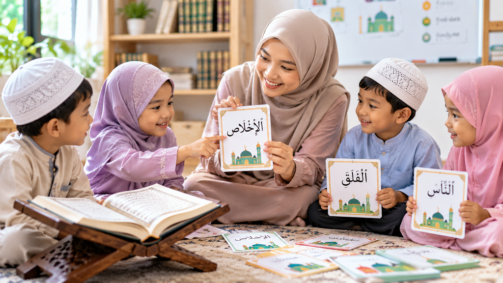 Guru mengajarkan anak-anak menghafal Al-Quran menggunakan kartu edukatif dengan metode Fun Tahfidz. Salin Alt Text